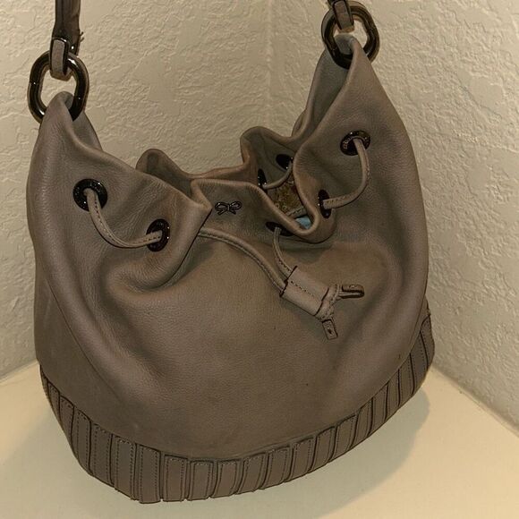 Anya Hindmarch Taupe Brown Leather Bucket Bag Tassel Fringe Purse Boho Western - Picture 2 of 15